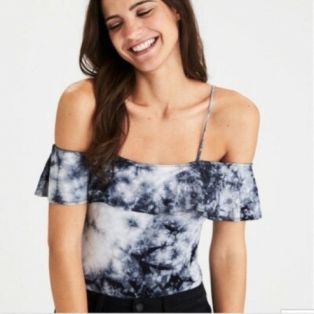 American Eagle Soft & Sexy Blue Tie Dye Off the Shoulder Ruffle Sleeve Bodysuit